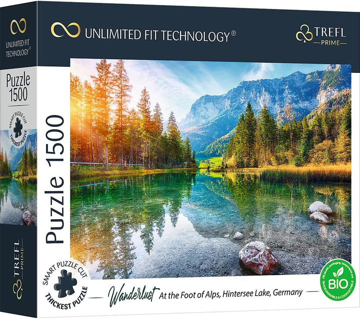 Trefl 26196 1500 elemente, carton cel mai gros, organic, ECO, Italia, apus de soare, divertisment pentru adulți și copii de la 12 ani, Uft-Puzzle Romantic Sunset: Vernazza, Liguria, Italia Puzzle Naty Shop Uft - Puzzle Wanderlust: La poalele Alpilor, Lacul Hintersee, Germania 1500