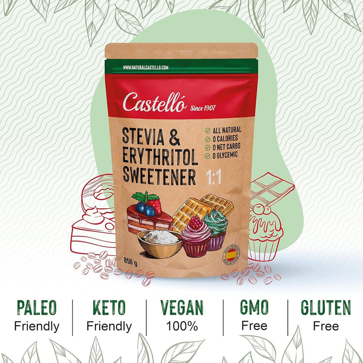 Stevia + Erythrit 1:1 Süßstoff | 1G = 1G Zucker | 100% Natürlicher Zuckerersatz - 0 Kalorien - 0 Glykämischer Index - Keto Und Paleo - 0 Netto-Kohlenhydrate - Kein GVO - Castello since 1907-850 G Indulcitori Naty Shop