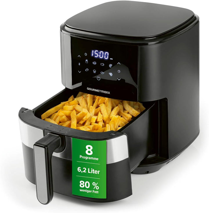 Gourmetmaxx Friteuză digitală cu aer cald XXL, 9 litri, 8 programe, 1800 W Electrocasnice Naty Shop Oțel inoxidabil / negru 6.2 litri