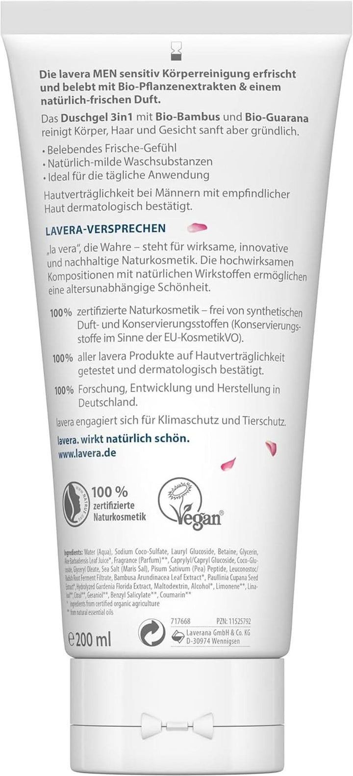 Lavera, Gel de duș cu bambus organic și guarana, 3 in 1, pentru piele, păr și față, 200 ml Duș și baie Naty Shop