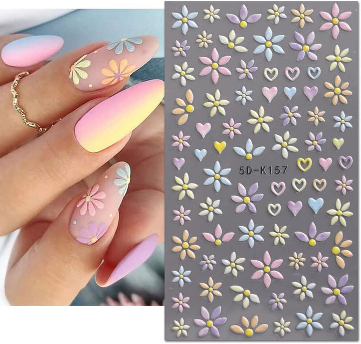 JMEOWIO 3D Nagelsticker Blume Frühlings Nail Art Sticker Selbstklebend Nagelaufkleber 5D Stereoskopisch Sommer Bunter Blumen Dekoration Nageldesign Zubehör 4 Blatt