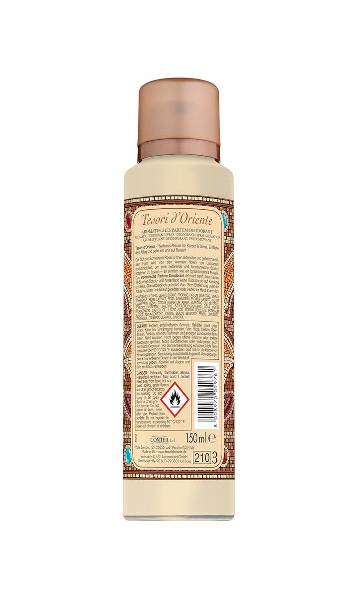 Deodorant parfumat aromatic TESORI D'ORIENTE „Byzantium” 150 ml, cu trandafir negru și labdanum, protecție 24 de ore, ritual de wellness pentru corp și simțuri
