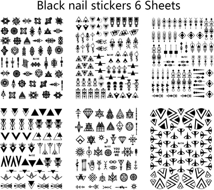 12 Blatt Nagelsticker Geometrisch Nagelaufkleber Selbstklebend Schwarz-Weißes Mysteriöses Dreieck Nail Art Sticker Dekoration Nageldesign Zubehör