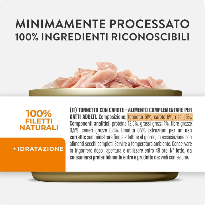 , File de ton cu morcovi în jeleu, Hrană umedă complementară pentru pisici, Rețetă originală, 100% naturală, 12 cutii la 70 G