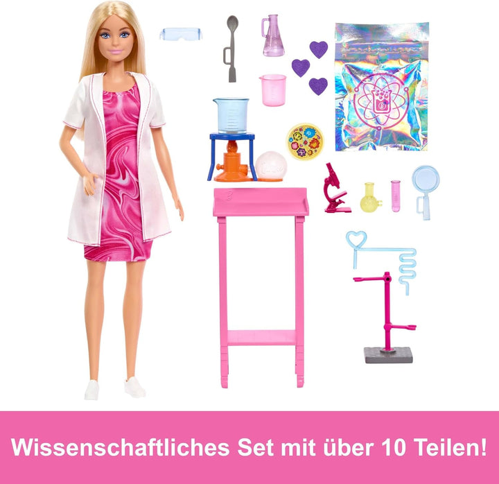 Barbie păpușă om de știință și accesorii cu păpușă blondă la modă, masă de laborator, microscop, caser cu schimbare de culoare și vas Petri, JCR70 Papusi Naty Shop