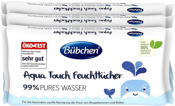 Bübchen Aqua Touch Feuchttücher, 144 Stück (3 X 48) – Sensitive Pflegetücher Mit 99% Purem Wasser, Feuchte Tücher Für Neugeborene Und Babys Naty Shop 144 Stück (1Er Pack)