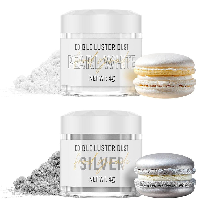 Glitter (sclipici) comestibil, pudra, set 2 culori, diverse nuante, 2 x 4 grame Coloranti Alimentari Naty Shop Alb Perlat + Argintiu