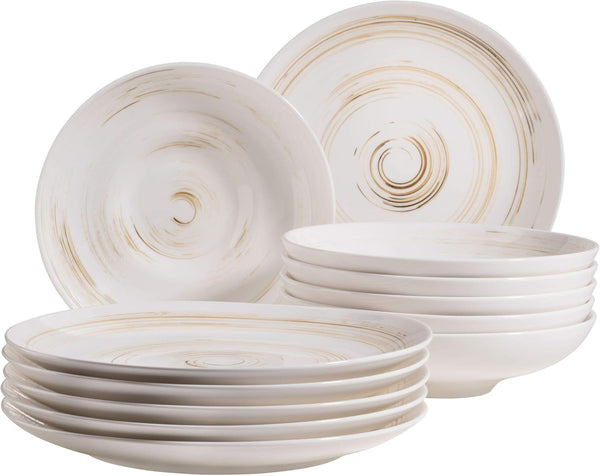 MÄSER 931605 Serie Derby Premium Tafelservice Für 6 Personen in Gastronomie-Qualität, 12-Teiliges Modernes Teller Set Mit Handpinseleffekt, Weiß, Durable Porzellan Seturi vesela masa Naty Shop Weiß