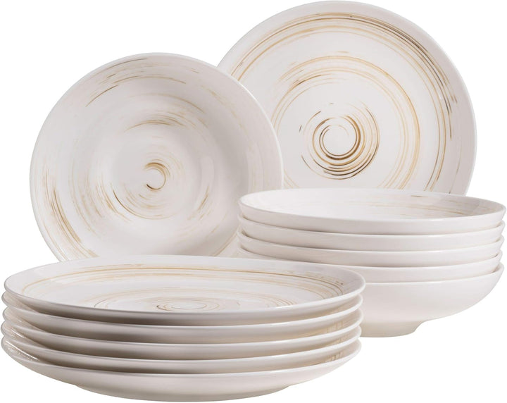 MÄSER 931605 Serie Derby Premium Tafelservice Für 6 Personen in Gastronomie-Qualität, 12-Teiliges Modernes Teller Set Mit Handpinseleffekt, Weiß, Durable Porzellan Seturi vesela masa Naty Shop Weiß