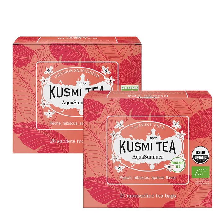 Kusmi Tea - pachet de 2 - Aquaexotica + Aquarosa - ceai de hibiscus cu mere, măceșe și fructe de pădure negre - ceai de fructe organic fără teină - se poate consuma cald sau rece - 2X20 pliculețe de ceai