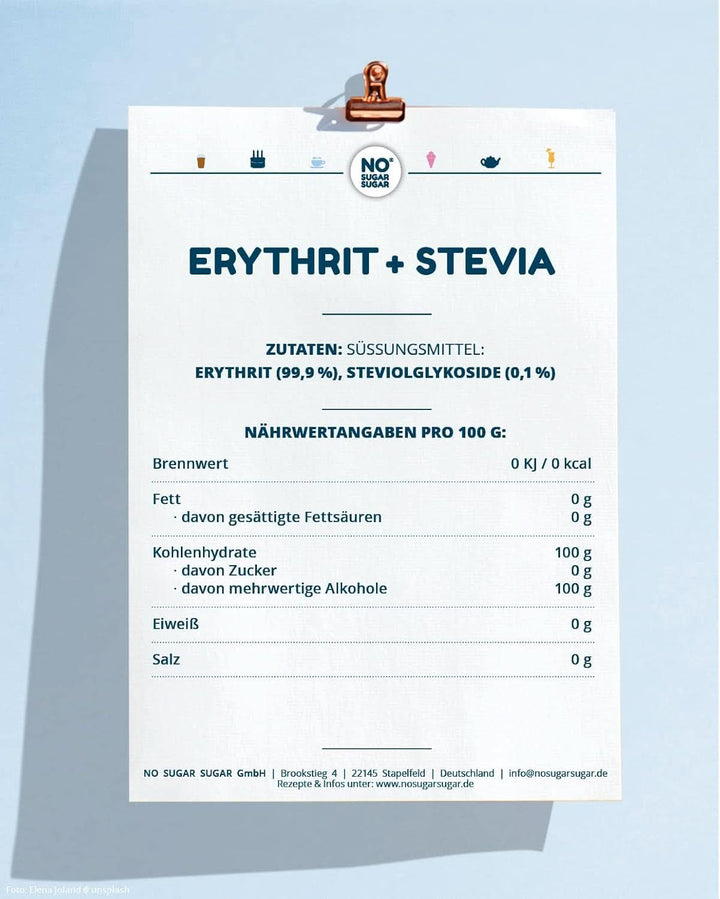 NO SUGAR, Erythritol + Stevia Înlocuitor natural de zahăr fără calorii 1:1 dulceață în comparație cu zahărul, fără aromă, 4,5 Kg Indulcitori Naty Shop