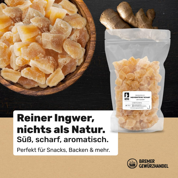 Bremer Gewürzhandel ghimbir, bucăți de fructe uscate condimentate, aromate, picante, nesulfurate, 1kg Produse deshidratate Naty Shop