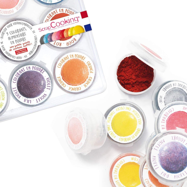 Scrapcooking - 9X Set Lebensmittelfarben Pulver - Blau, Gelb, Rosa, Violett, Orange, Zitronengrün, Rot, Puderrosa, Schwarz - Farbpulver Essbar Für Torten, Kuchen, Makronen - 4270 Coloranti Alimentari Naty Shop