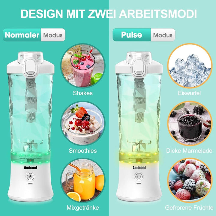 Mixer Smoothie Maker to Go, Mini Standmixer Tragbar Mit 6-Klingen Edelstahl, Enstafter Mit Reisedeckel, USB Portable Blender Elektrisch 600Ml Bottle, Mixer Shaker Slushy Maker Wasserdichter Bucatarie Naty Shop