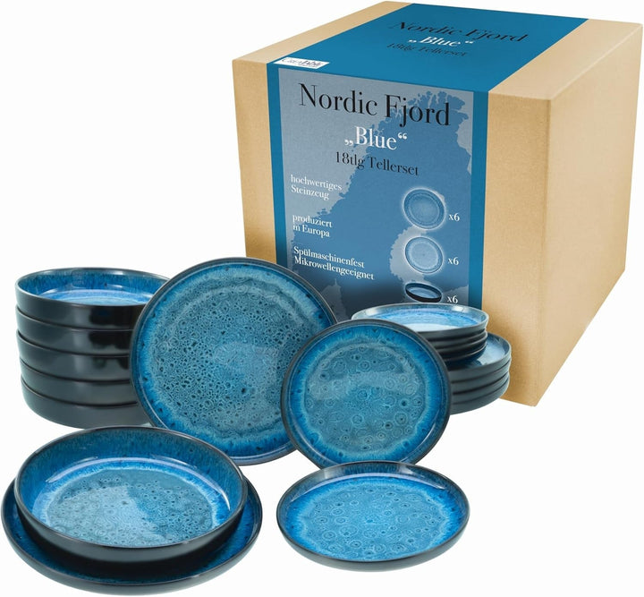 Creatable, 20166, Serie Nordic Fjord Green, 16-Teiliges Geschirrset Für 4 Personen, Kombiservice Aus Steinzeug, Spülmaschinen- Und Mikrowellengeeignet, Qualitätsproduktion Seturi vesela masa Naty Shop Blau Teller Set 18 Tlg