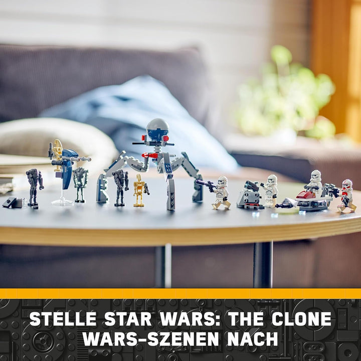 LEGO Star Wars 75372 Clone Trooper & Battle Droid Battle Pack, Incl. 4 minifigurine, 5 droizi și motocicletă speeder cu shooter - Jucărie de construcție pentru băieți și fete cu vârsta de peste 7 ani Seturi de constructie Besuche den LEGO-Store