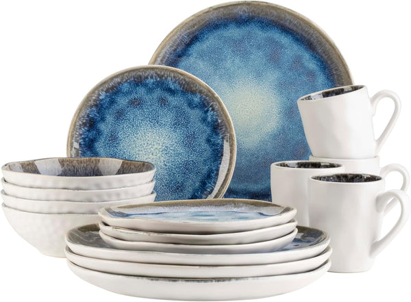 MÄSER 934092 Serie Frozen, Geschirr Set Aus Keramik Für 4 Personen, 16-Teiliges Kombiservice Mit Organischen Formen, Blau Gesprenkeltes Service, Steinzeug, Dunkelblau Seturi vesela masa Naty Shop Default Title