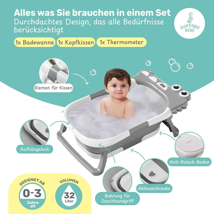 Cada de baie pliabila pentru bebelusi cu perna de baie si termometru integrat Mama si Copilul Naty Shop