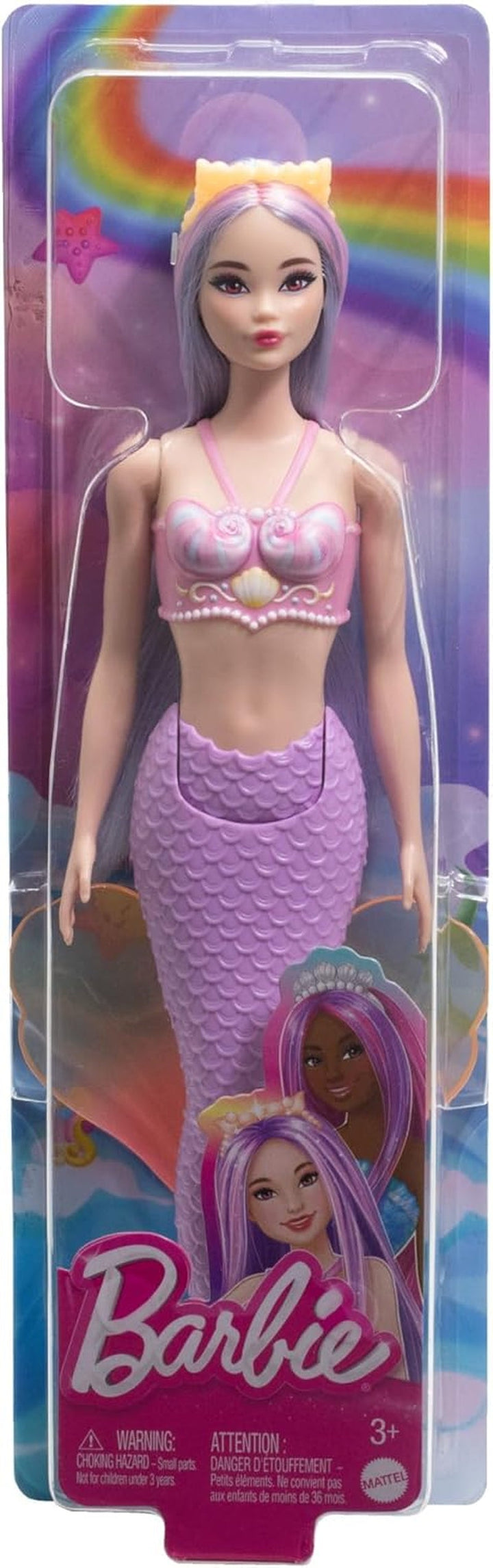 Păpușă sirenă Barbie cu păr fantezie în roz și lila cu bentiță, păpușă cu partea de sus din scoică și aripioară din coadă albastru lavanda, HRR06 Papusi Naty Shop