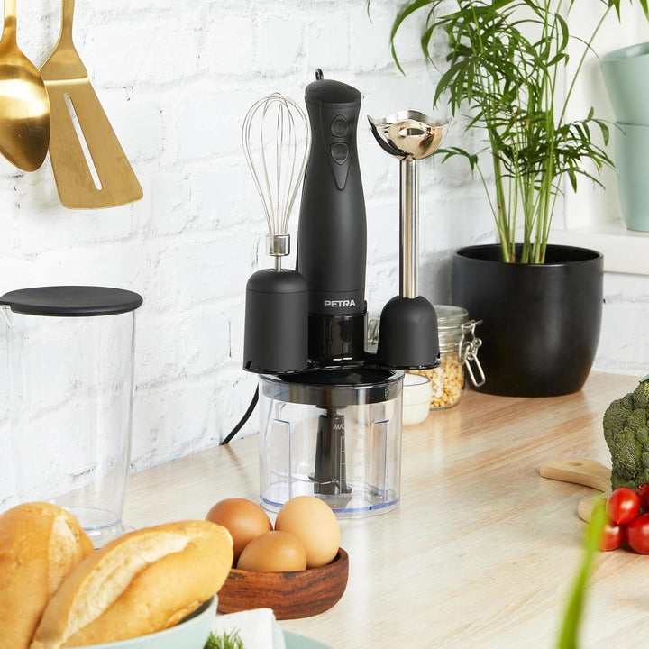 Petra PT2827BMBLKVDE 3-In-1 Mixer – Bpa-Freie Anbauteile, 500Ml-Schüssel, 700Ml-Becher, Schneebesen, Mixen, Zerkleinern, 2 Geschwindigkeiten, Edelstahlklingen, Für Babynahrung, Smoothies, Saucen, 350W Mama si Copilul Naty Shop