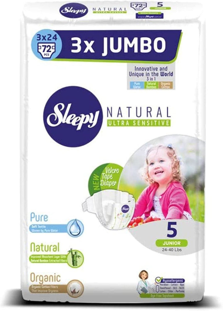 Sleepy 3X Jumbo Natural Baby Scutece, fabricate din bumbac organic și extract de bambus Naty Shop Size 5 (3 x 24 bucati)