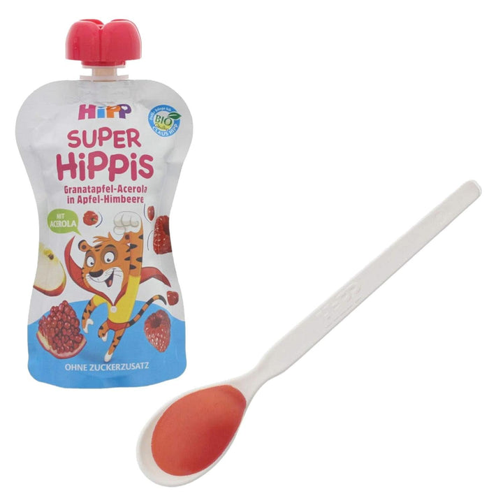 Pungi de stoarcere Hipp Super-Hippis, acerola de rodie in mere-zmeura, fructe 100% bio fara zahar adaugat, 6 pungi de 100 g Mama si Copilul Naty Shop