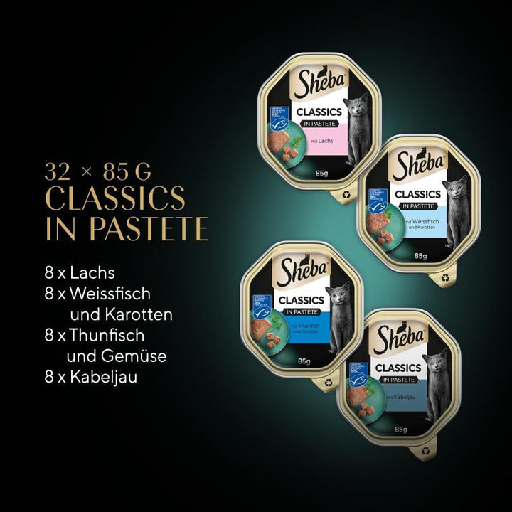 Sheba Classics in Pâté- Cea mai fină hrană umedă pentru pisici în bol - Fish Variation (MSC) cu somon, pește alb, ton și cod - 32 X 85G