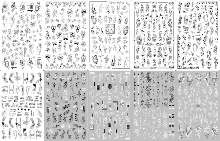 JMEOWIO Nagelsticker Blumen 10 Blatt Nagelaufkleber Selbstklebend Black White Blossom Nail Art Sticker Dekoration Nageldesign Zubehör