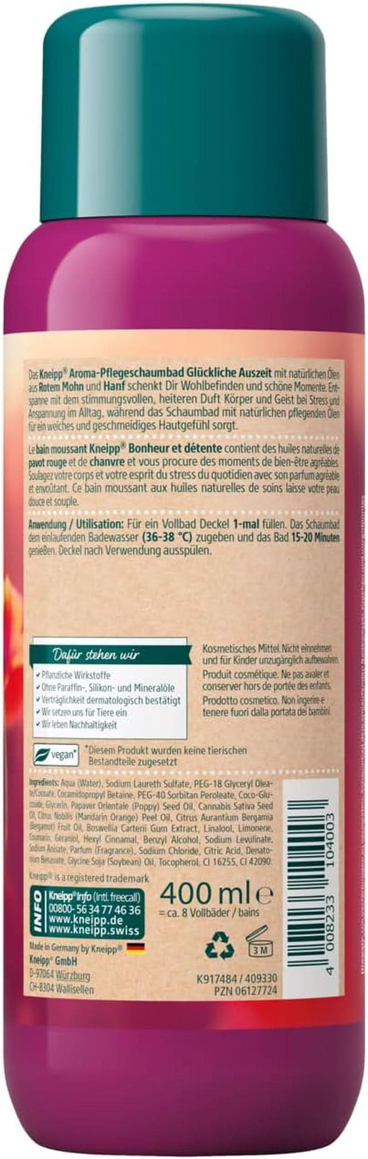 Kneipp Aroma, spumă de îngrijire pentru baie Happy Time Out - cu uleiuri naturale din mac roșu și cânepă, 400 ml Naty Shop
