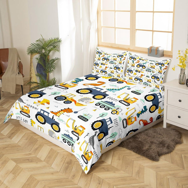 Jungen Cartoon Auto Bettwäsche Set 135X200,Kinder Bau Fahrzeuge Tröster Abdeckung Für Kind Kleinkind Teens,Dinosaurier Bettbezug,Traktor Maschinerie Bagger Bettdecke Abdeckung,Lkw Autos Bettwäsche Naty Shop