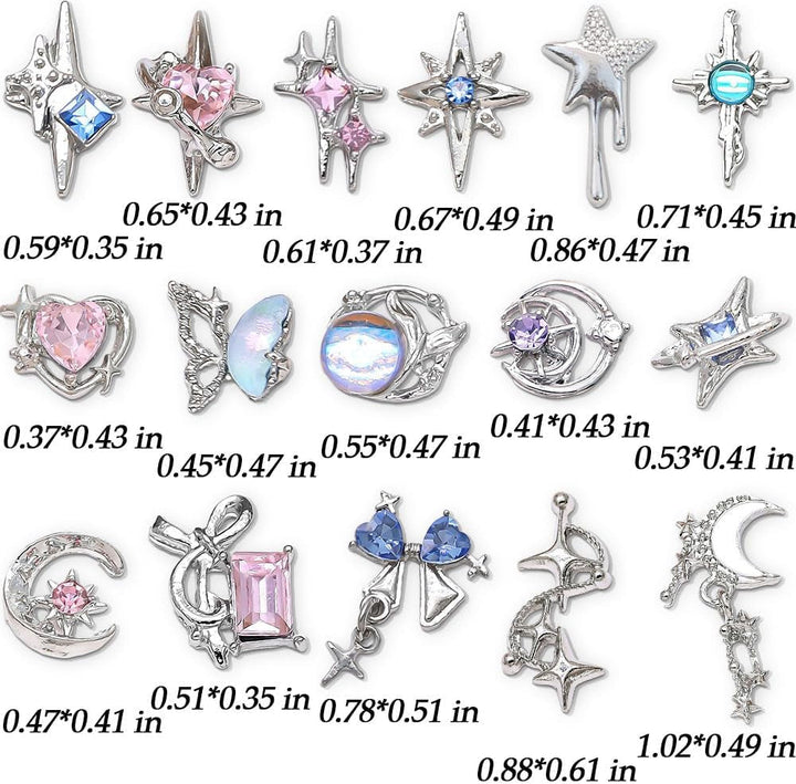 16 Stile Luxus Mond Stern Nagel Charms 3D Nail Charms Y2K Legierung Strasssteine Bogen Schmetterling Nagel Schmuck Metall Nail Art Charms Nägel Glitzersteine Nailart Rhinestones Nageldesign Zubehör