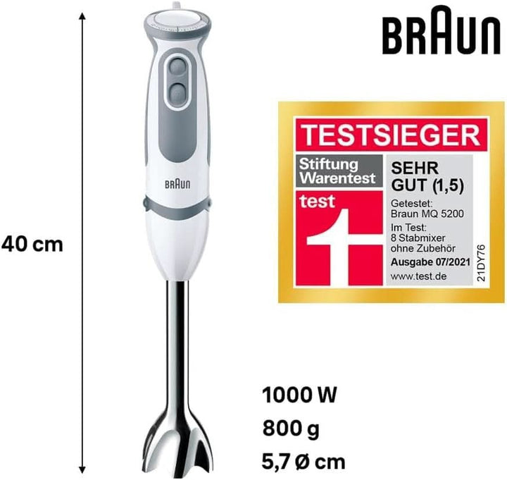 Braun Stabmixer MQ 5200WH - Multiquick 5 Vario Pürierstab Mit Edelstahl Mixfuß, 1000 Watt, Inkl. 600 Ml Mix- & Messbecher, Weiß/Grau Bucatarie Naty Shop