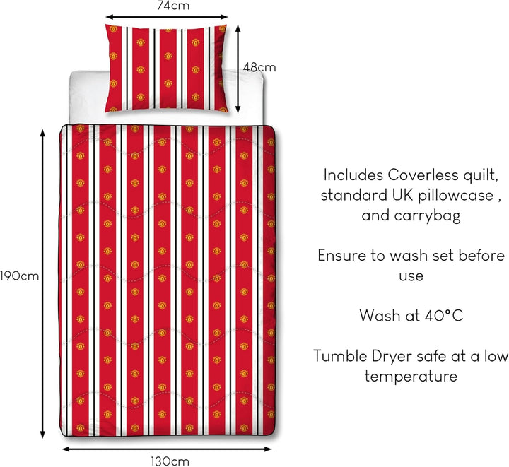 Manchester United FC Official Single Duvet, Reversible, Red & White, Coverless, Football Quilt, Pillowcase, Lavabil, Perfect pentru călătorii, Overnight Stays, 10.5 Tog Plapumi si pilote Naty Shop