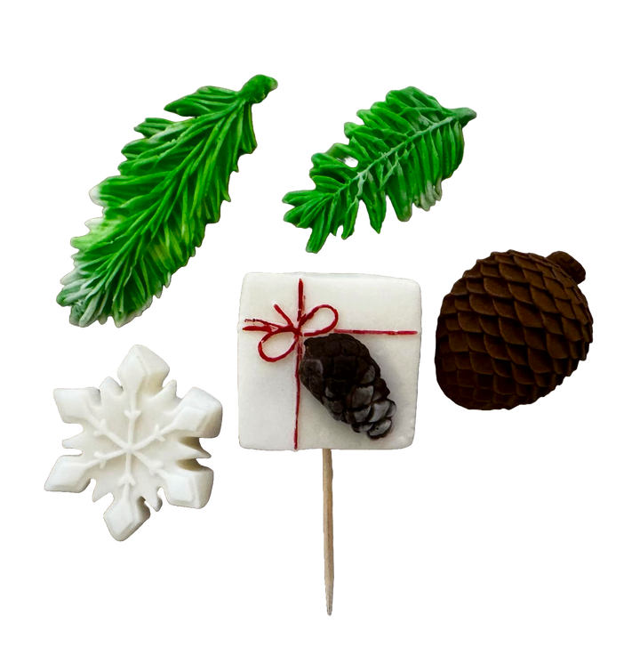 Set 5 decoratiuni comestibile din pasta de zahar, Iarna, ace brad, fulg de nea, con Decoratiuni din Pasta de Zahar Naty Shop