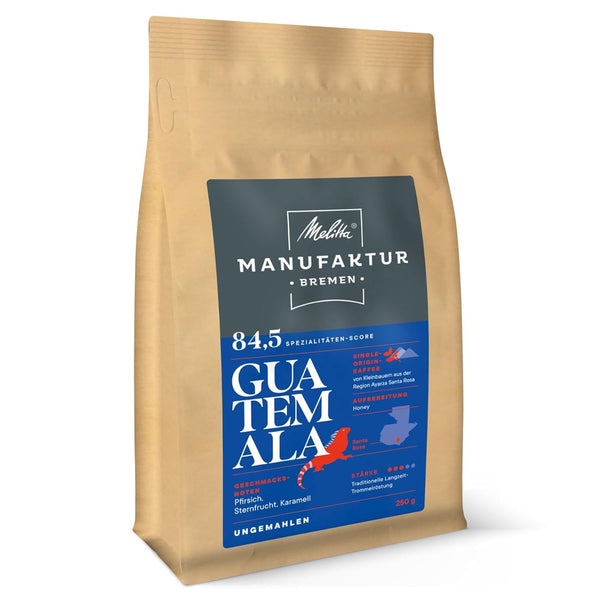 Melitta Manufaktur-Kaffee Guatemala Honey, cafea specială, 250G, boabe de cafea întregi, nemăcinate, cafea de origine unică, prăjire delicată cu tambur, prăjită în Germania, tărie 3 Cafea Naty Shop 250 grame Guatemala Honey Boabe întregi