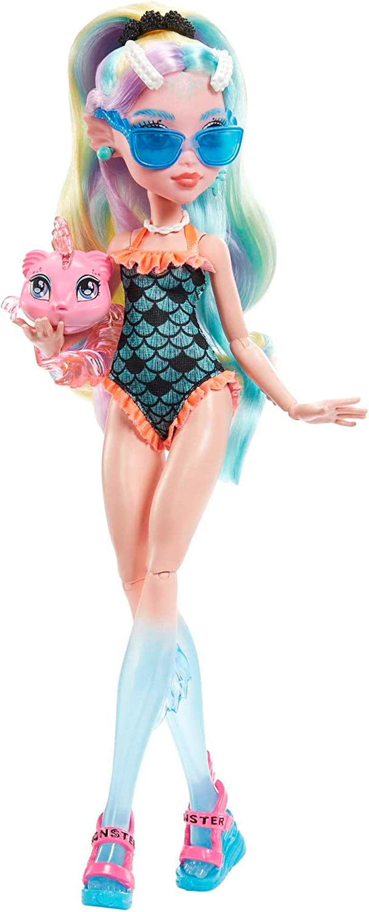 Păpușă MONSTER HIGH Lagoona Blue - hanorac roz, pantaloni scurți de bicicletă batik, sandale cu platformă, aripioare, accesorii, pentru copii cu vârsta peste 4 ani, HHK55 Papusi Naty Shop