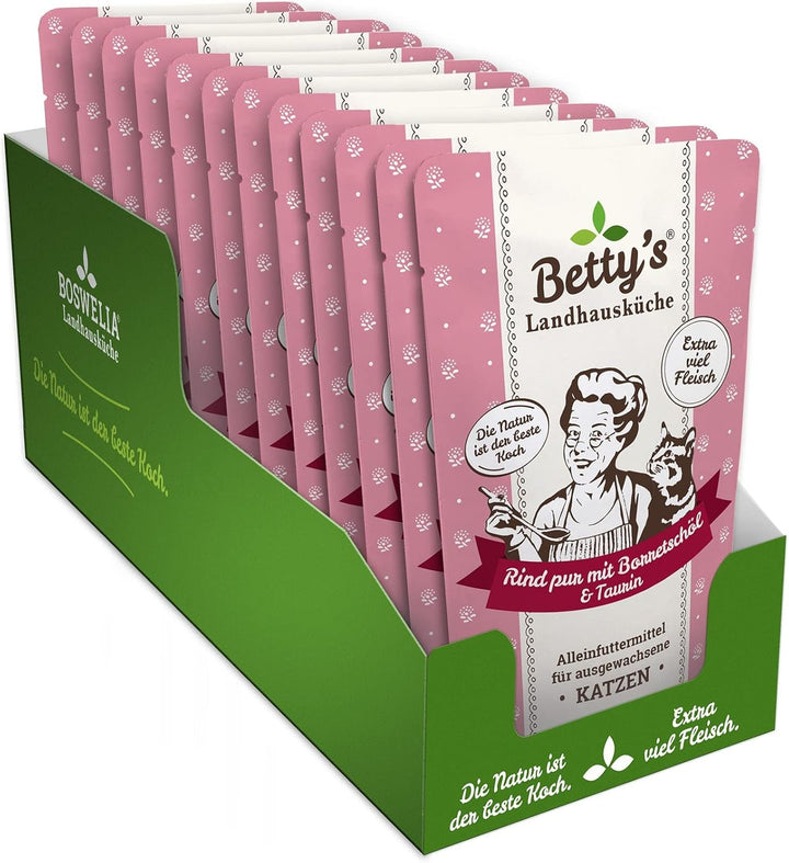Betty'S Landhausküche Fresh Pouches Wet Food Cat, Kangaroo With Borage Oil 12 X 100G, fără cereale, de cea mai bună calitate, carne de înaltă calitate, gătită ușor, biodisponibilitate ridicată