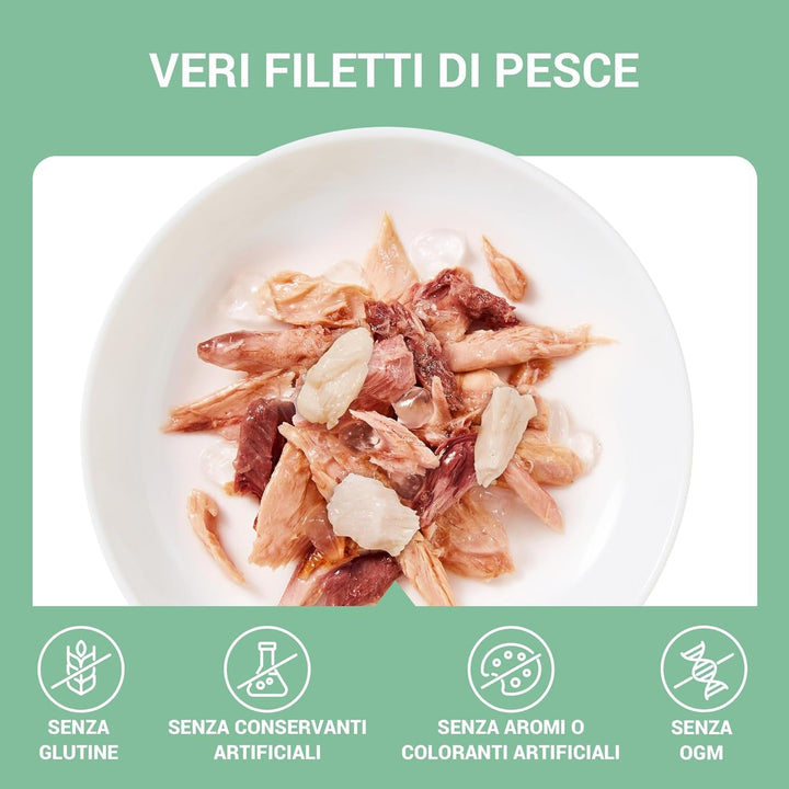 , File de ton cu merluciu în jeleu, Hrană umedă complementară pentru pisici, Rețetă originală, 100% naturală, 12 pungi a câte 70 g