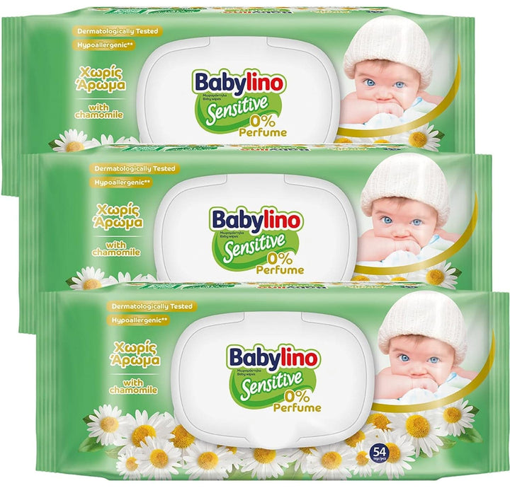 Șervețele pentru copii sensibili Babylino Sensitive, 0% parfum, 98% formulă naturală care restabilește valoarea pH-ului pielii Servetele Umede Bebelusi Naty Shop Fara parfum (162 servetele)