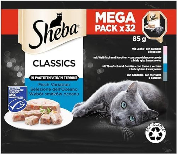 Sheba Classics in Pâté- Cea mai fină hrană umedă pentru pisici în bol - Fish Variation (MSC) cu somon, pește alb, ton și cod - 32 X 85G
