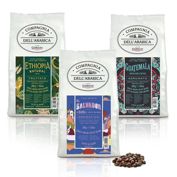 Caffè Corsini - Cafea boabe 3 X 250 grame, Compagnia Dell'Arabica, diverse arome, origine unică, total 750G Cafea Naty Shop Set Guatemala/Etiopia/El Salvador Boabe de cafea