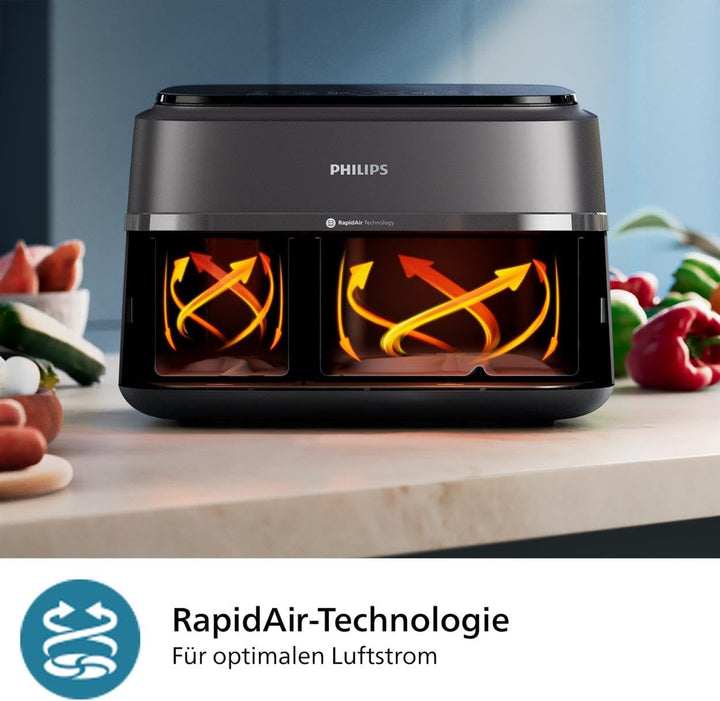 Philips Airfryer Dual Basket 3000 Series, 9L, 2 coșuri, 2 feluri de mâncare gata în același timp, tehnologie Rapidair plus cu aer cald Electrocasnice Naty Shop