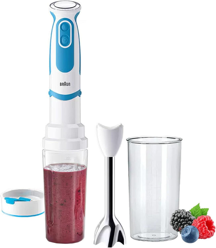 Blender de mână Braun MQ 5252 - Multiquick 5 Vario Fit Blender de mână cu bază de blender din oțel inoxidabil și atașament Blend & Go pentru smoothie-uri pe drum, 750-1000 Watt Mama si Copilul Naty Shop Alb / Albastru Accesoriu Blend Go