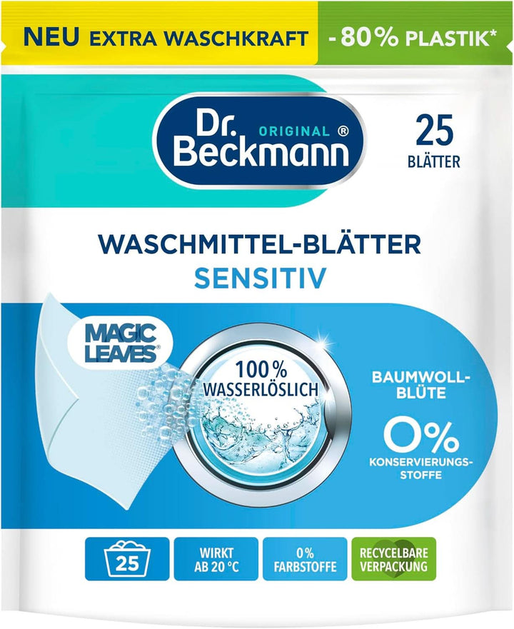 Foi de detergent Dr Beckmann MAGIC LEAVES COLOR | Foi de spălat predozate și solubile în apă | Economisitoare de spațiu și ușor de utilizat | 25 de foi Detergenti Rufe Naty Shop 25 bucati Sensitive