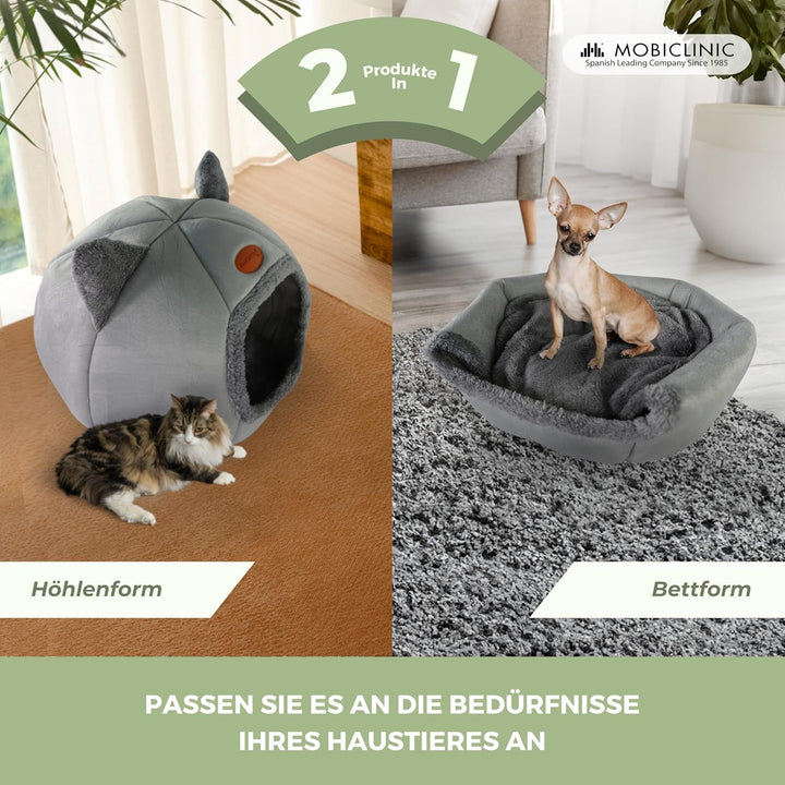 Mobiclinic® Pets, Pat pentru pisici, Cuib tip peșteră, Hellocatty, Lavabil la mașină, Ușor de pliat și depozitat, Antiderapant, Pernă detașabilă confortabilă, Spumă 25D, Design modern