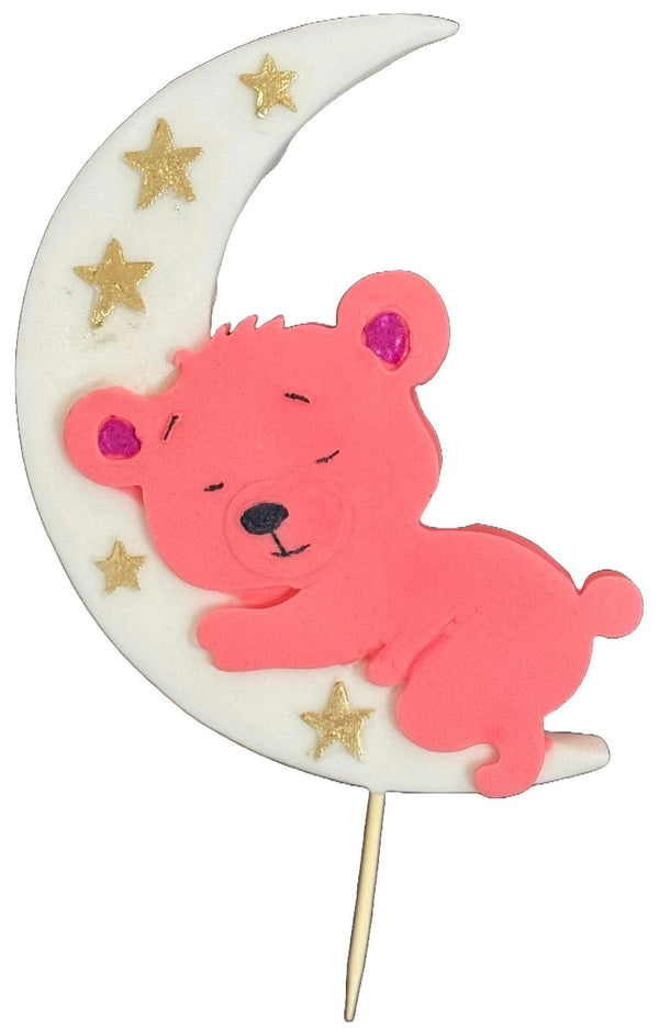 Decoratiune comestibila din zahar, Ursulet roz pe luna Decoratiuni din Pasta de Zahar Nati Shop