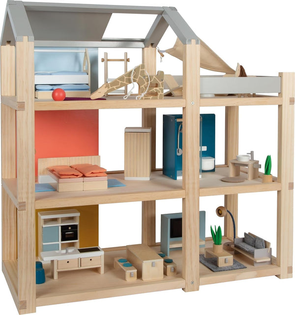 Casă de păpuși din lemn Small Foot, culori naturale - 3 etaje cu terasă pe acoperiș și set de mobilier din 51 de piese, încurajează jocul creativ, potrivită de la 3 ani, 12541 Casute de papusi Naty Shop Casă de păpuși mare