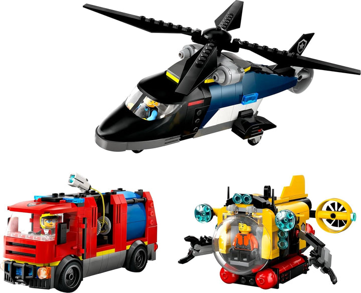 Set combinat LEGO City cu elicopter, mașina leului și submarin și 3 minifigurine - vehicule de jucărie construibile pentru băieți și fete de la 7 ani - cadou de ziua de naștere și de vacanță 60462 Seturi de constructie Besuche den LEGO-Store
