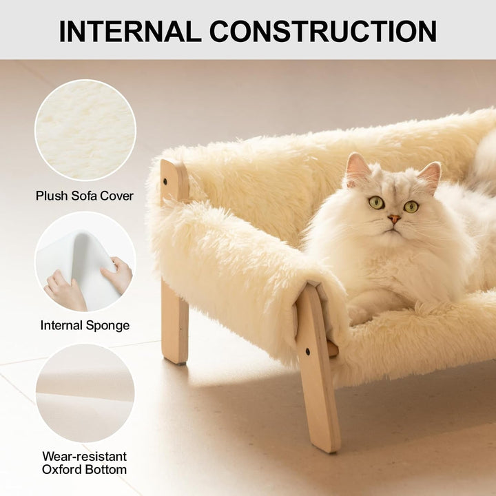 MEWOOFUN Canapea pat pentru pisici, din lemn, 56 x 45 cm, canapea robustă pentru pisici de dimensiuni mari - Scaun modern pentru pisici cu husă detașabilă, capacitate de încărcare 10 kg (alb, 56 x 45 cm)