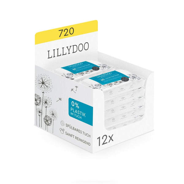 Șervețele umede de toaletă LILLYDOO, 720 de bucăți (12 X 60), 100% fără plastic, șervețele care pot fi spălate, fără parfum (FSC Mix) Servetele Umede Bebelusi Naty Shop
